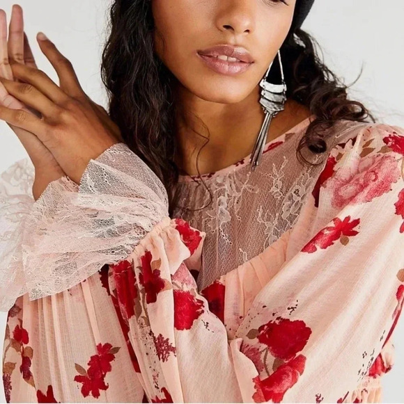FREE people Daphne Blouse in Romantic floral Combo balloon sleeves Medium - Picture 9 of 10